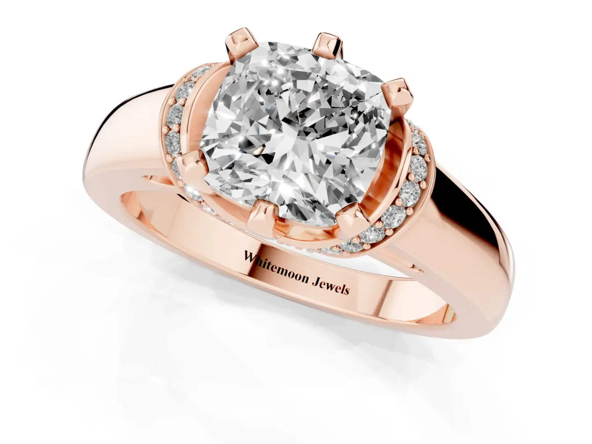 Cushion Cut Solitaire Diamond Ring with Pave Band and Six-Prong Setting Rose gold