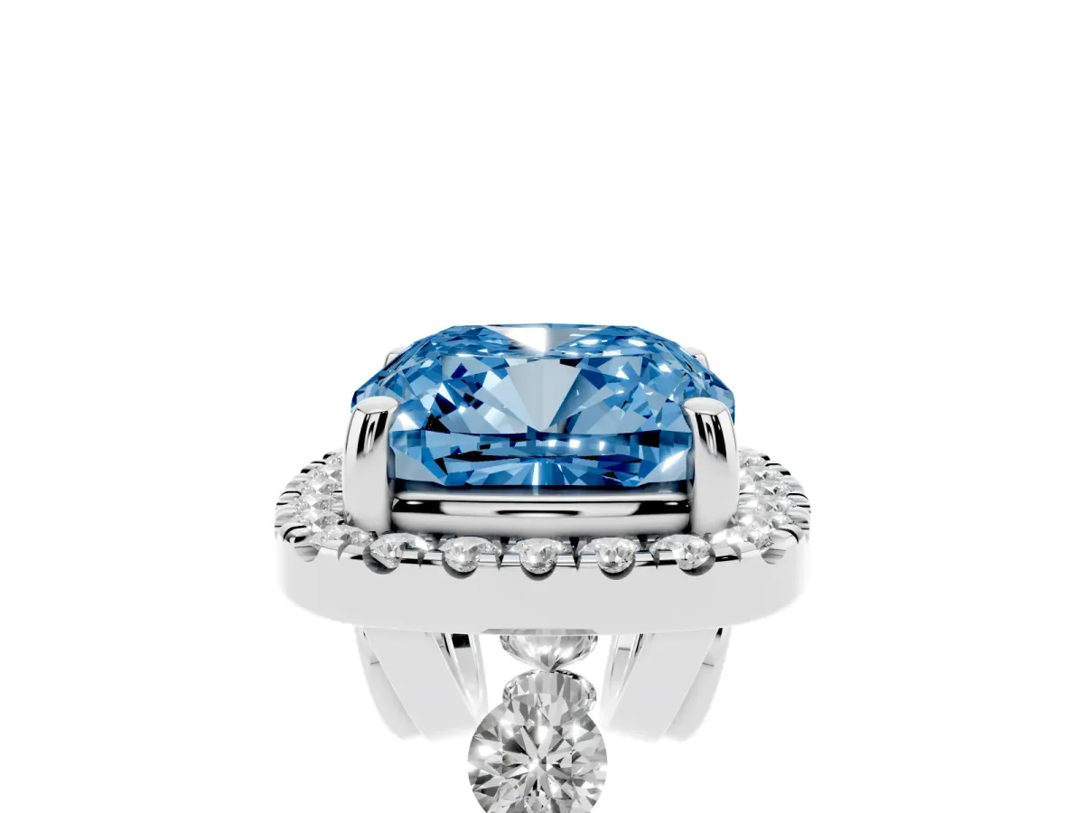 Fancy Blue Cushion Cut Halo Pavé Diamond Engagement Ring with Four-Prong Setting White gold