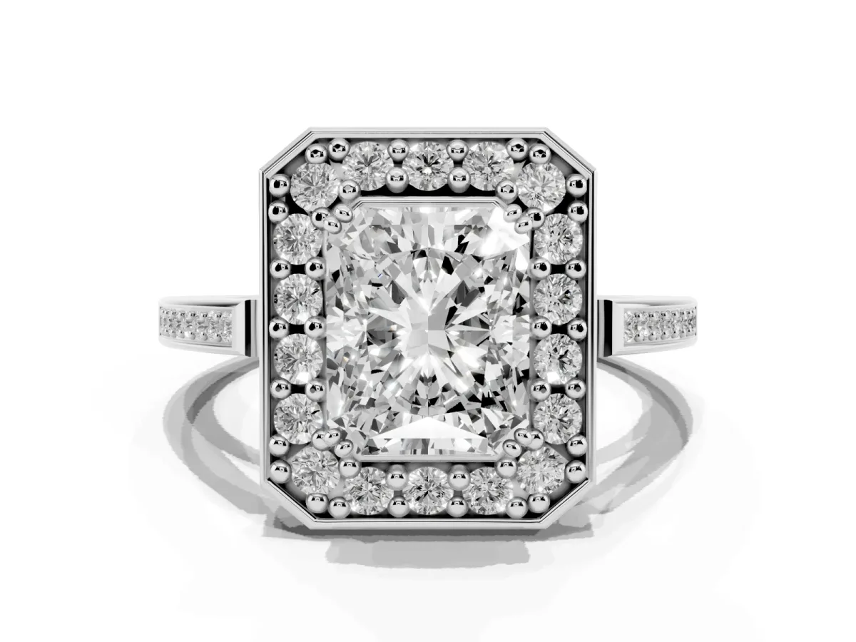 Radiant Cut Diamond Halo Ring with Split Shank and Four-Prong Setting Silver