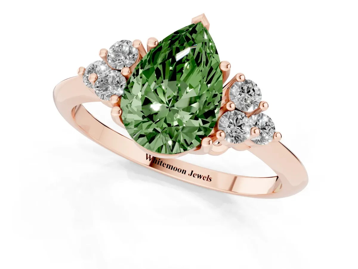 Fancy Green Pear Cut Cut Diamond Cluster Ring with Solitaire Band and Four-Prong Setting Rose gold