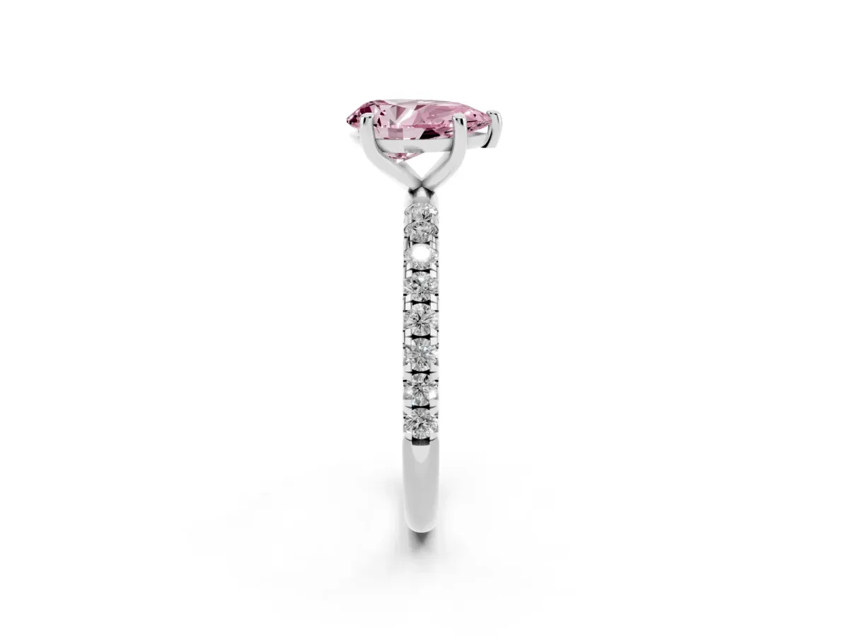 Fancy Pink Pear Cut Cut Diamond Solitaire Ring with Micro Pave Band and Four Prong Setting Silver