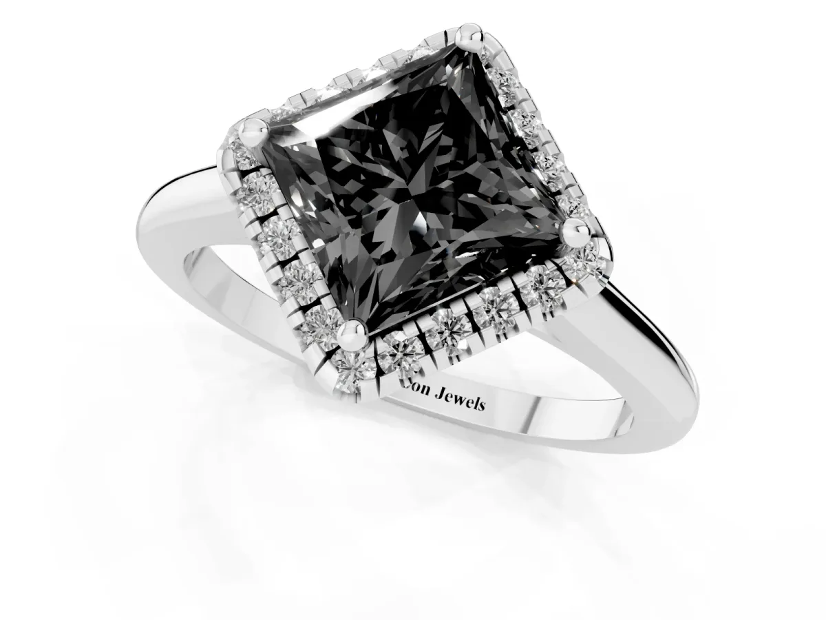 Fancy Black Princess Cut Halo Round Diamond Solitaire Engagement Ring with Pave Band and Four-Prong Setting White gold