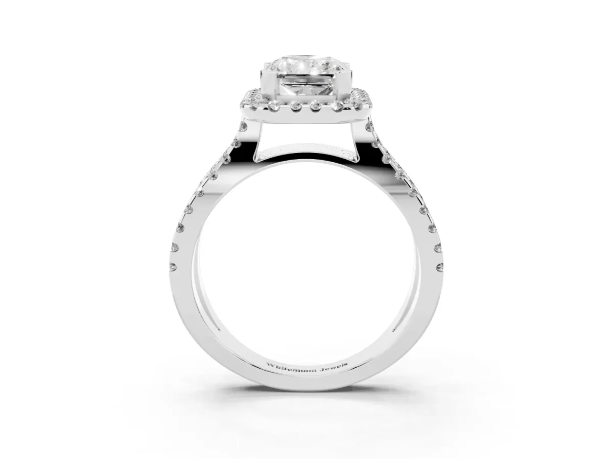 Radiant Cut Diamond Halo Ring with Split Shank Pavé Band and Prong Setting Silver