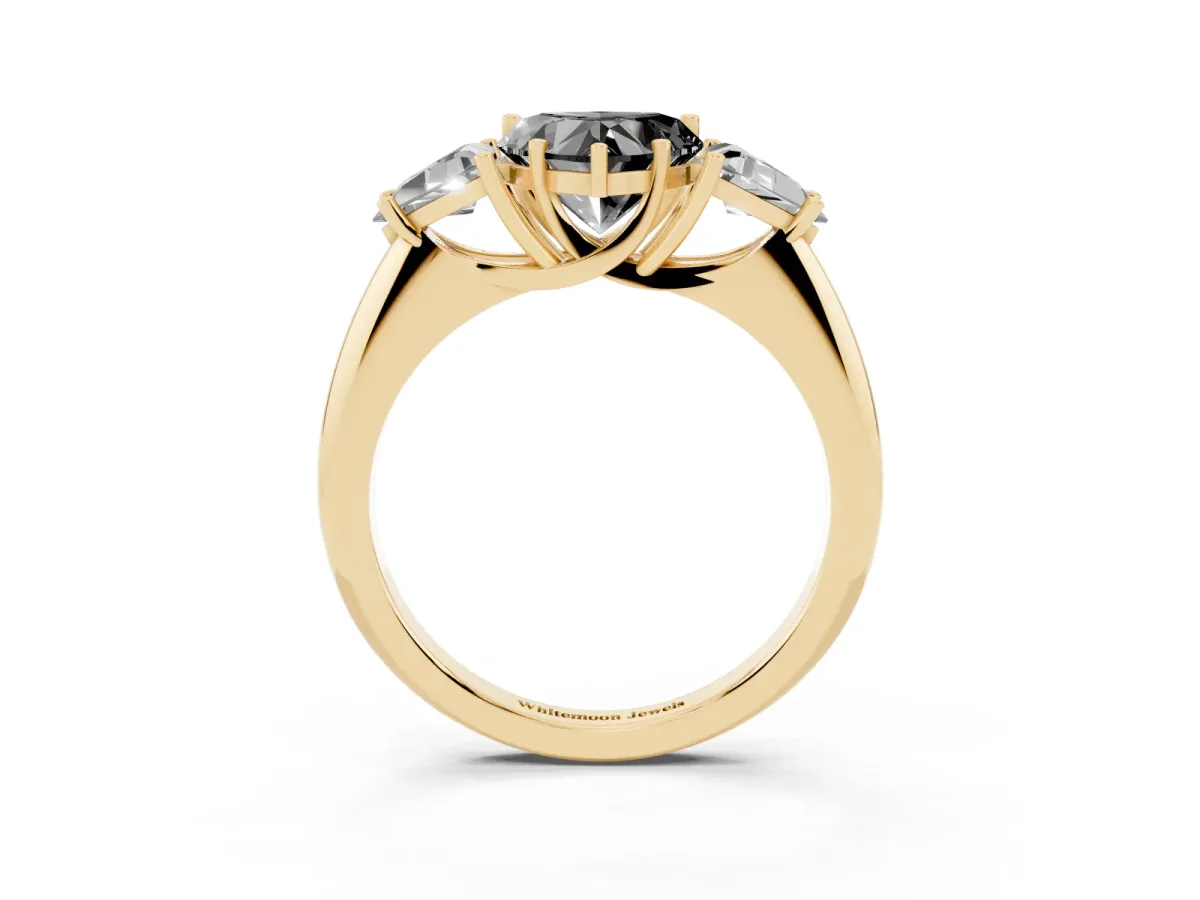 Fancy Black Three-Stone Heart Cut Diamond Engagement Ring with Trillion Side Stones and Prong Setting Yellow gold