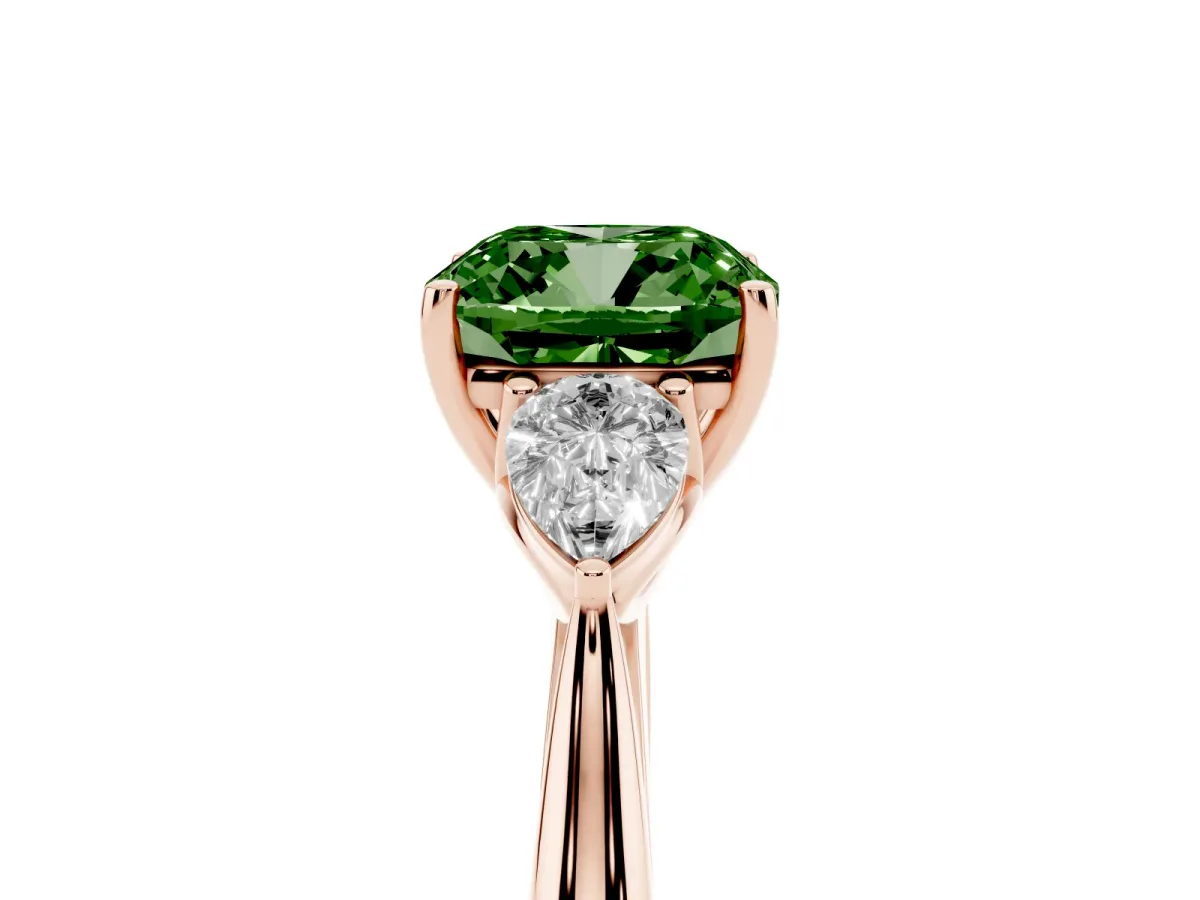 Fancy Green Cushion Cut Diamond Three-Stone Ring with Pear Side Stones and Prong Setting Rose gold