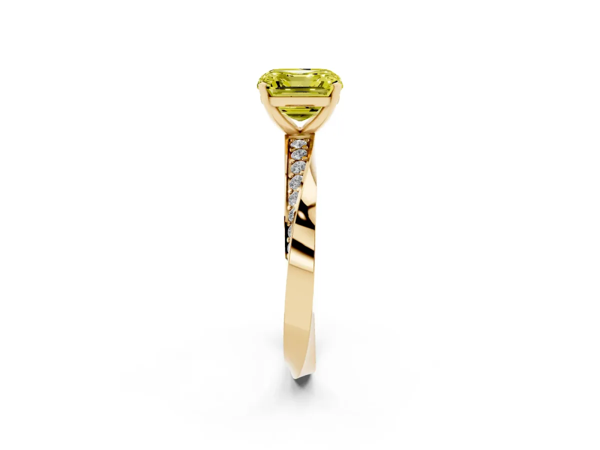 Fancy Yellow Asscher Cut Diamond Engagement Ring with Side Stone Accents and Four-Prong Setting Yellow gold