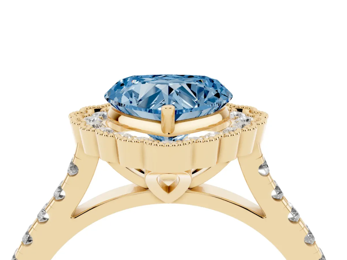 Fancy Blue Heart Cut Cut Diamond Milgrain Floral Halo Engagement Ring with Pavé Band Yellow gold