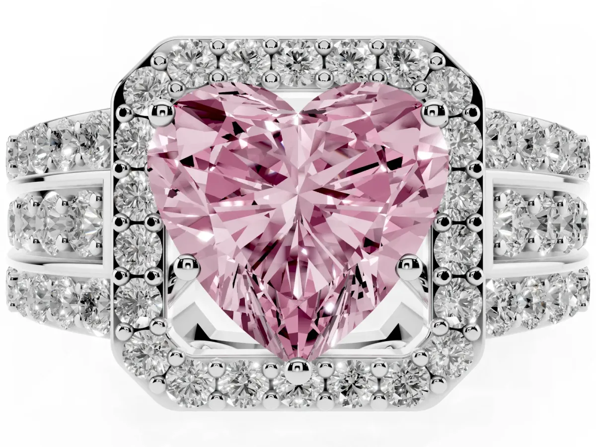 Fancy Pink Heart Cut Halo Diamond Ring with Round Split Shank and Prong Setting Platinum