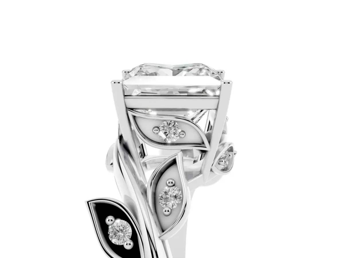 Princess Cut Solitaire Twist Engagement Ring with Leaf Accents and Prong Setting Silver