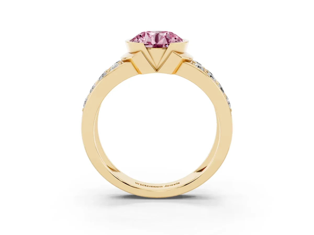 Fancy Pink Round Cut Brilliant Diamond Channel Set Wide Band Ring with Bezel Setting Yellow gold