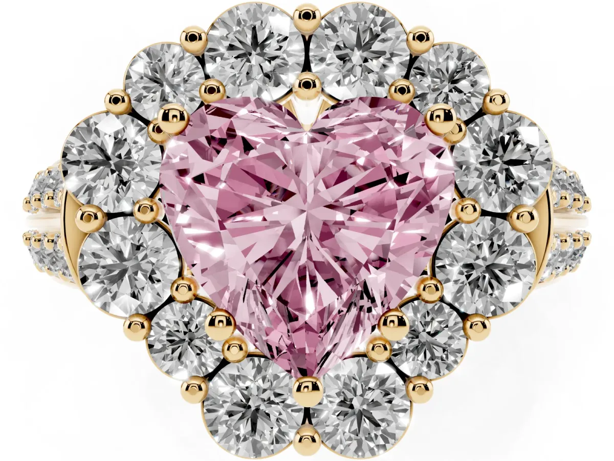 Fancy Pink Heart Cut Halo Diamond Engagement Ring with Split Shank and Prong Setting Yellow gold