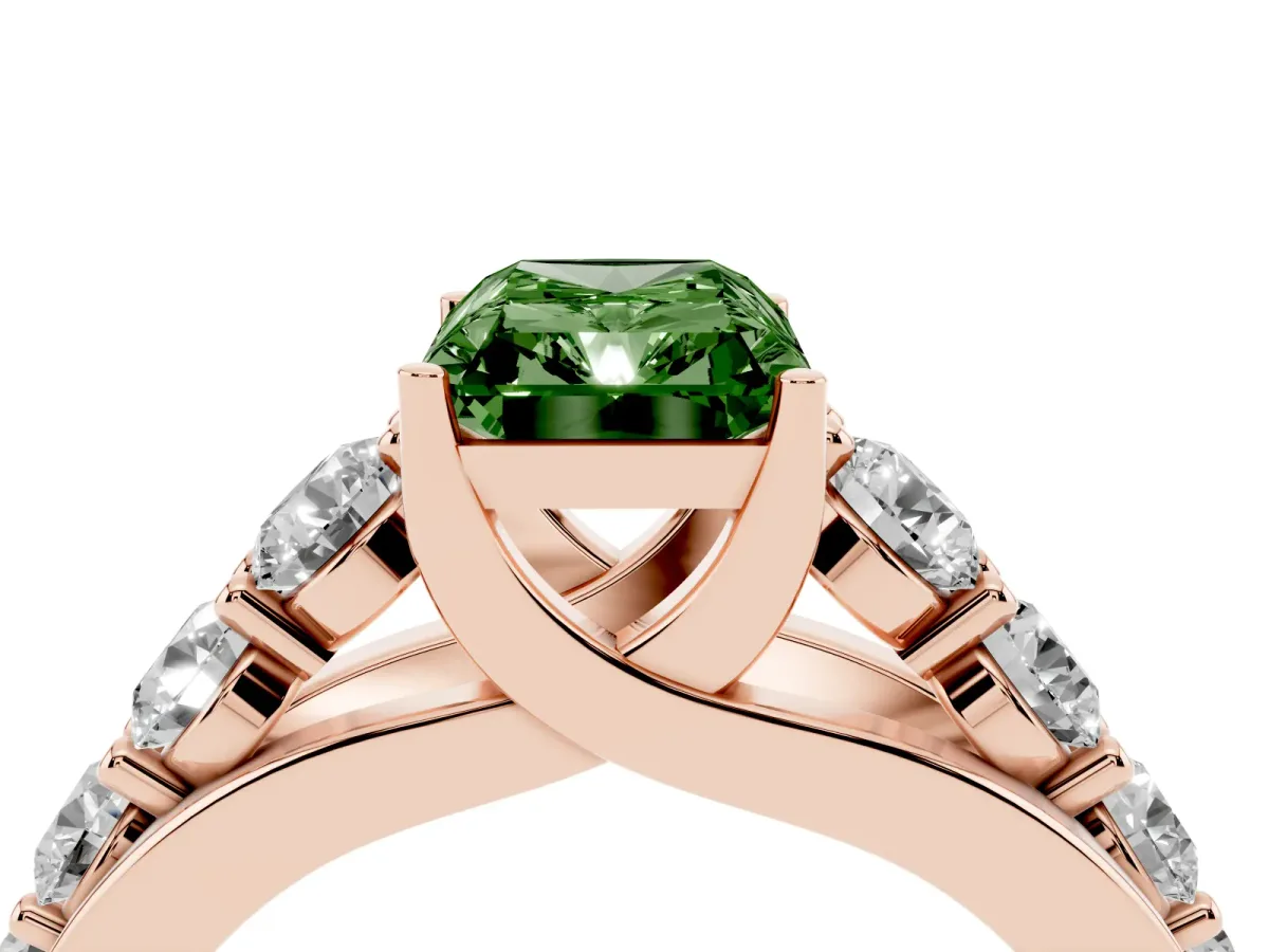 Fancy Green Radiant Cut Diamond Engagement Ring with Pavé Band and Four-Prong Setting Rose gold