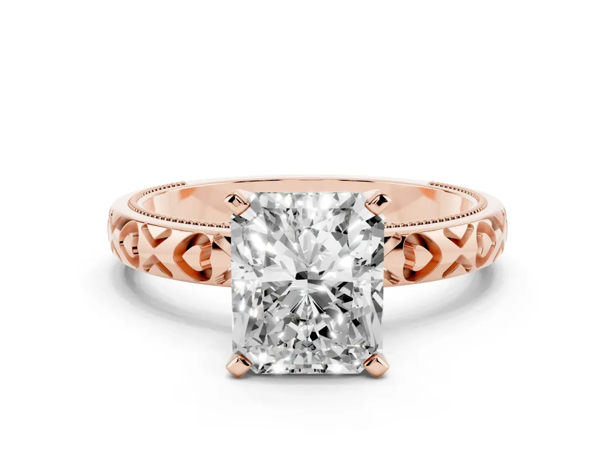 Radiant Cut Solitaire Diamond Engagement Ring with XO Engraved Band and Four-Prong Setting Rose gold