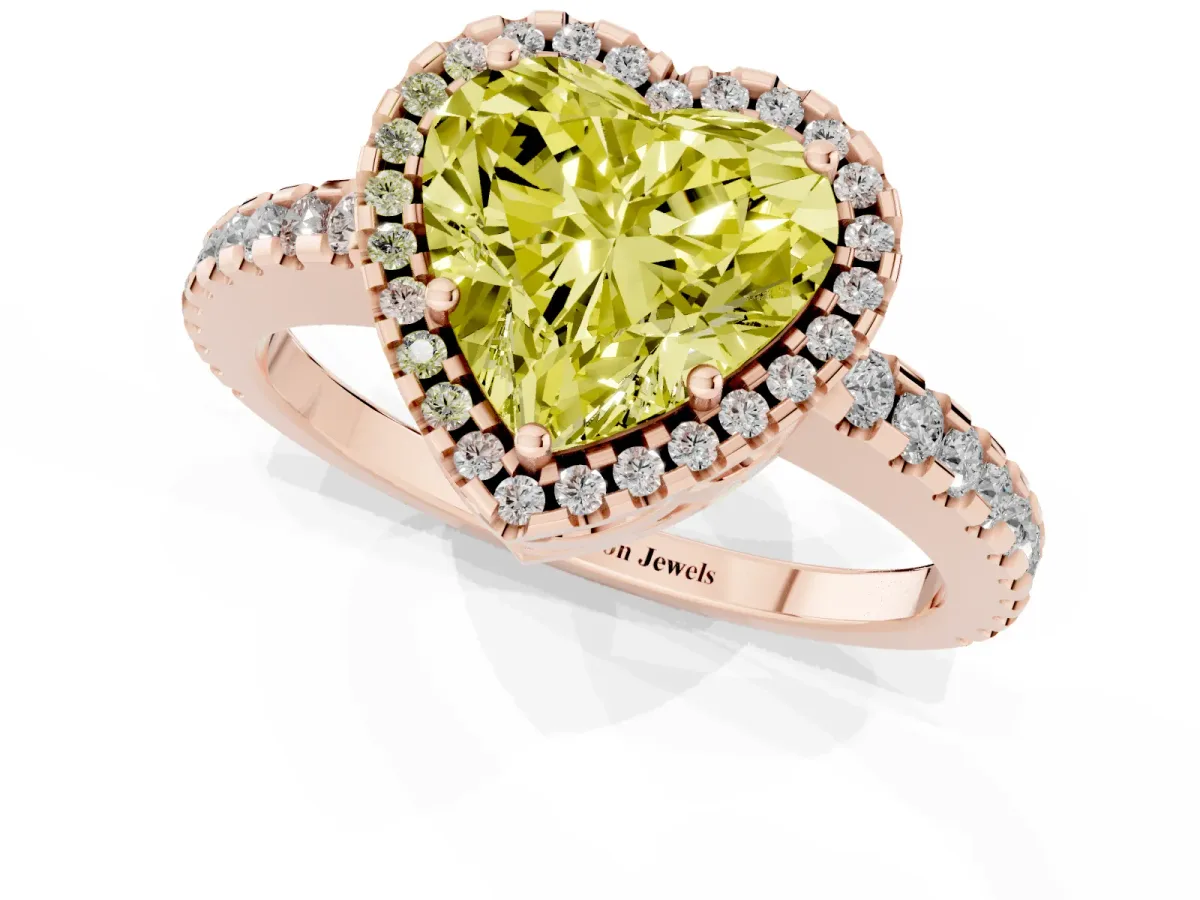 Fancy Yellow Heart Cut Diamond Halo Engagement Ring with Pavé Band and Prong Setting Rose gold