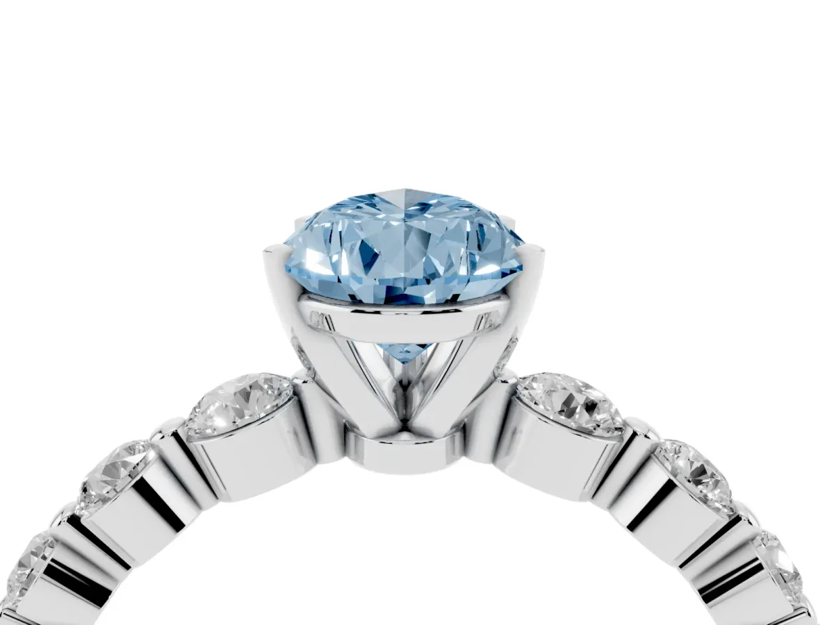 Fancy Blue Pear Cut Solitaire Diamond Ring with Pave Band and Four-Prong Setting Silver