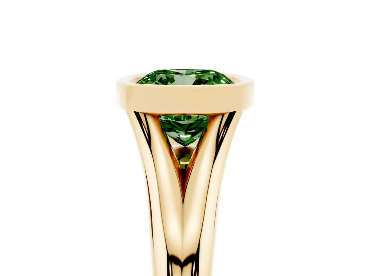 Fancy Green Bezel Set Cushion Cut Solitaire Diamond Ring with Smooth Band Yellow gold