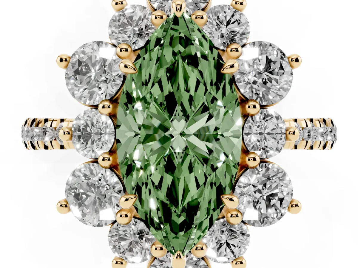 Fancy Green Marquise Cut Diamond Floral Halo Ring with Round Pavé Band and Prong Setting Yellow gold