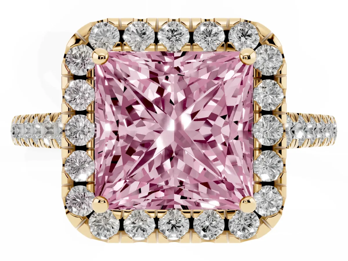 Fancy Pink Princess Cut Halo Pave Diamond Engagement Ring with Four-Prong Setting Yellow gold