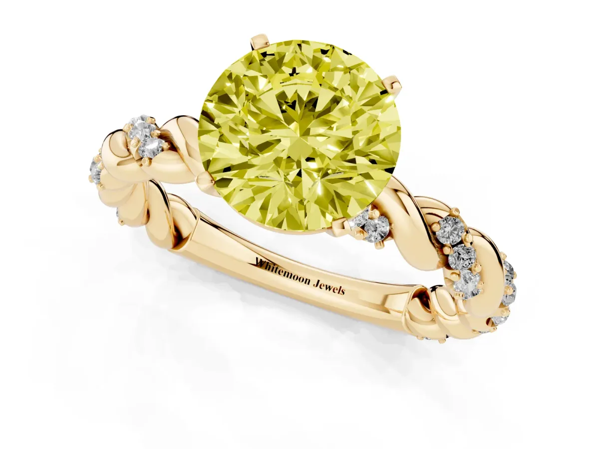 Fancy Yellow Round Cut Diamond Solitaire Ring with Twisted Band and Pavé Accents Yellow gold
