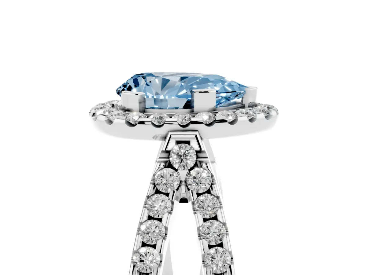 Fancy Blue Pear Cut Diamond Halo Ring with Split Shank Pavé Band and Prong Setting Silver