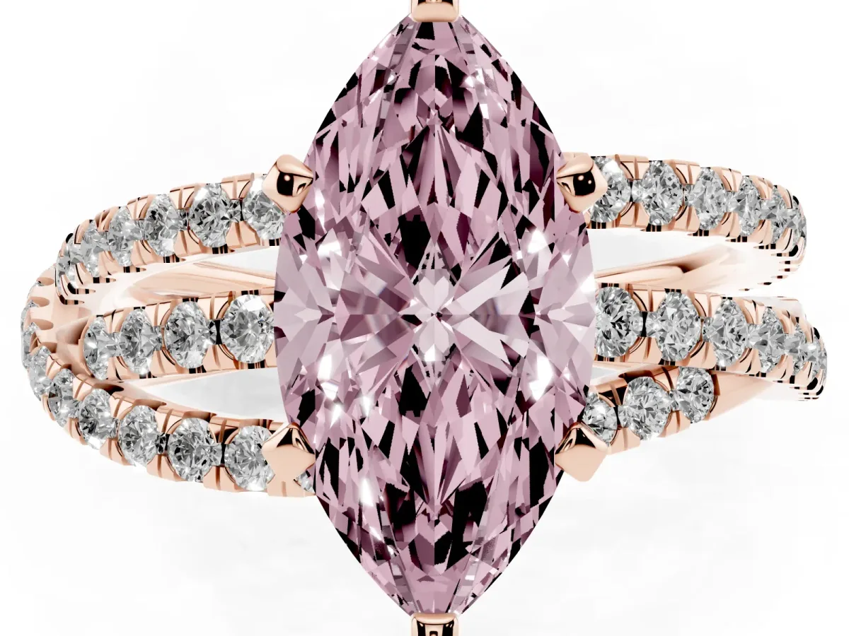 Fancy Pink Marquise Cut Solitaire Twist Band with Pavé Setting and Four-Prong Setting Rose gold