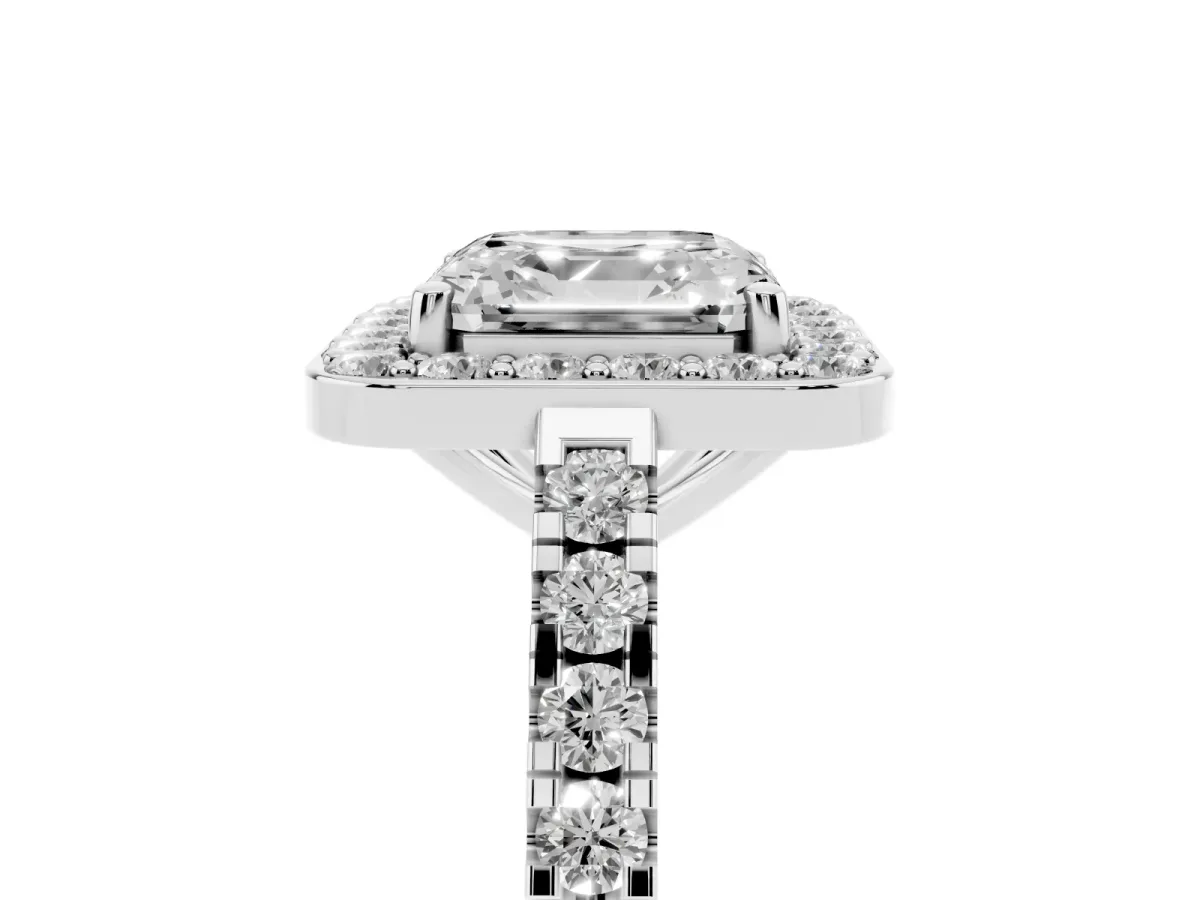 Asscher Cut Diamond Halo Ring with Round Pavé Split Shank and Prong Setting Silver