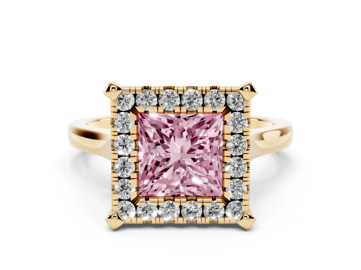 Fancy Pink Princess Cut Diamond Cluster Halo Solitaire with Four-Prong Setting Yellow gold