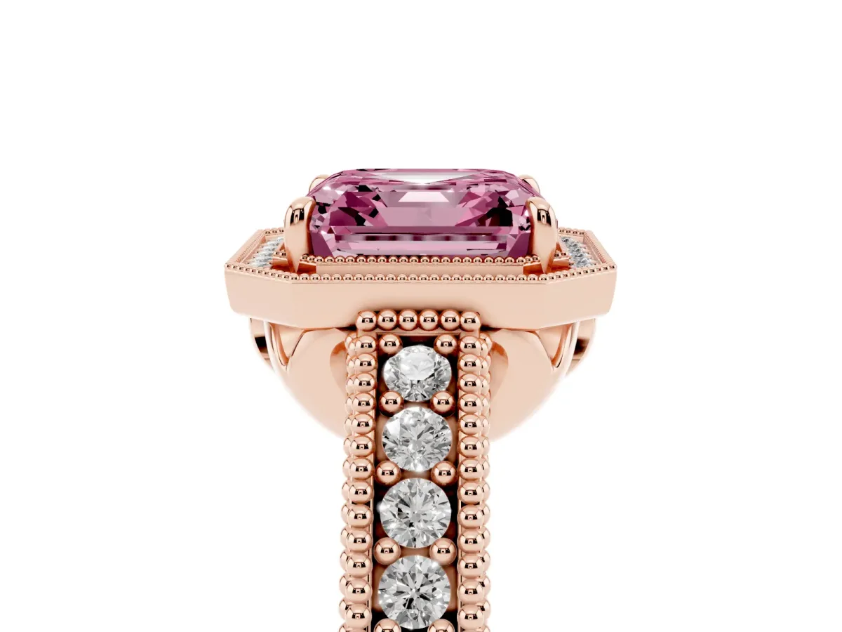 Fancy Pink Asscher Cut Cut Halo Diamond Ring with Pavé Band and Four-Prong Setting Rose gold