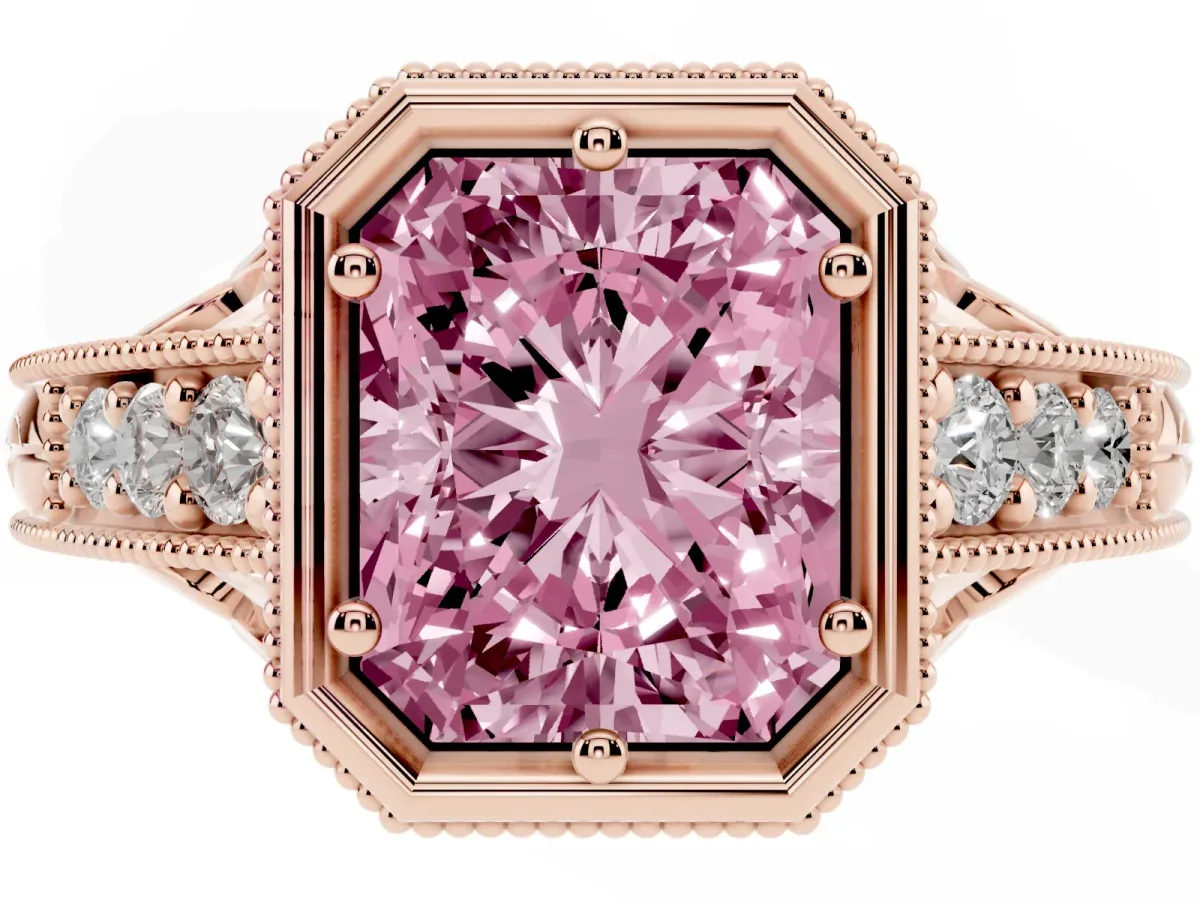 Fancy Pink Bezel Set Radiant Cut Diamond Milgrain Pave Engagement Ring Rose gold