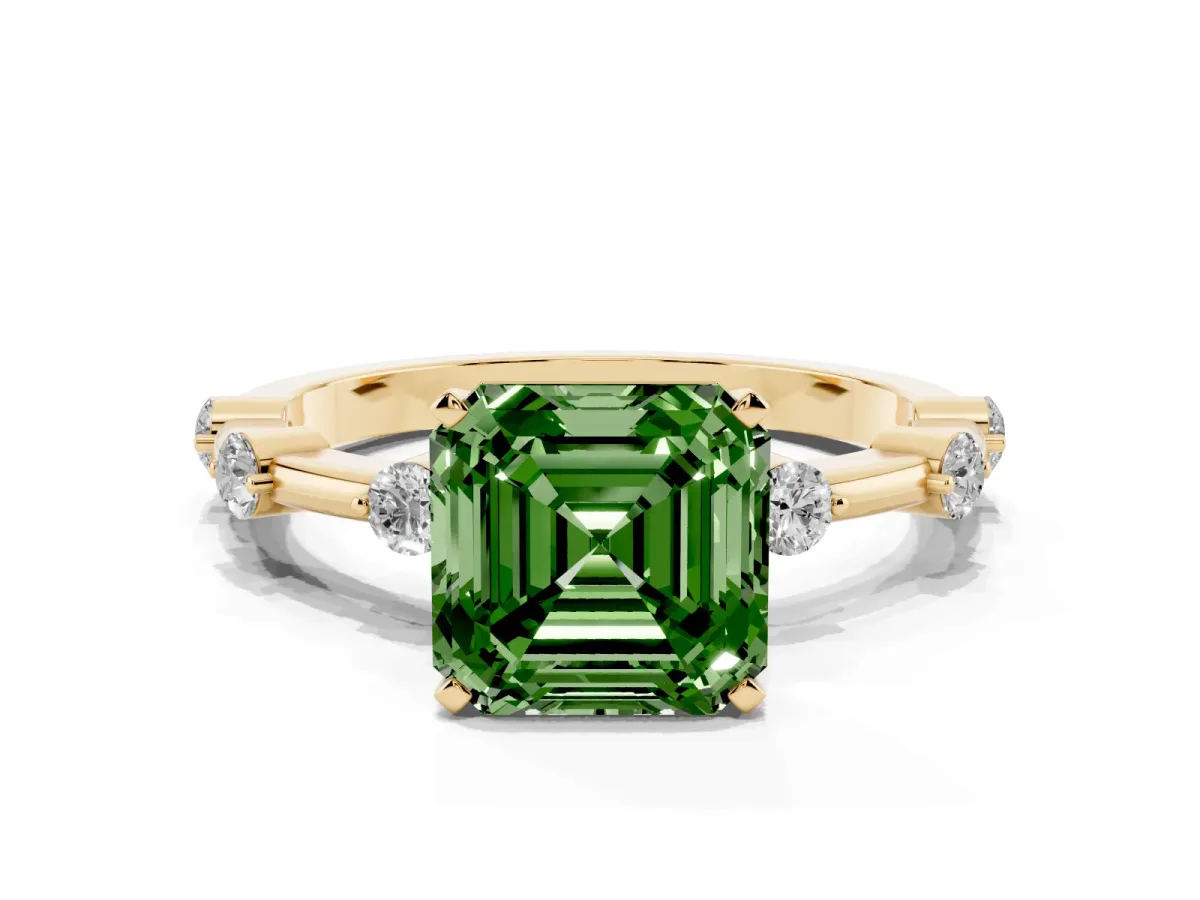 Fancy Green Asscher Cut Solitaire Diamond Ring with Bezel Set Side Stones and Prong Setting Yellow gold