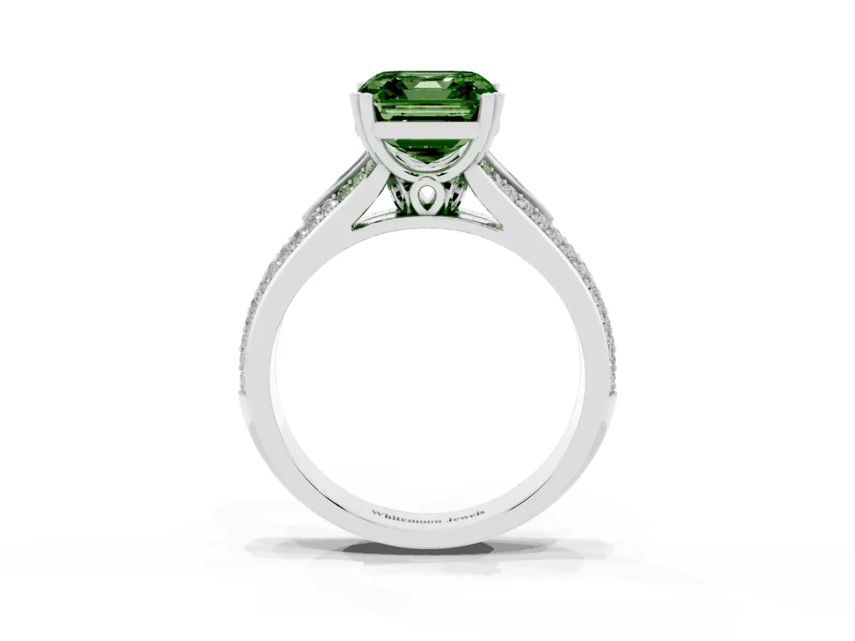 Fancy Green Asscher Cut Diamond Split Shank Engagement Ring with Pavé Band Silver