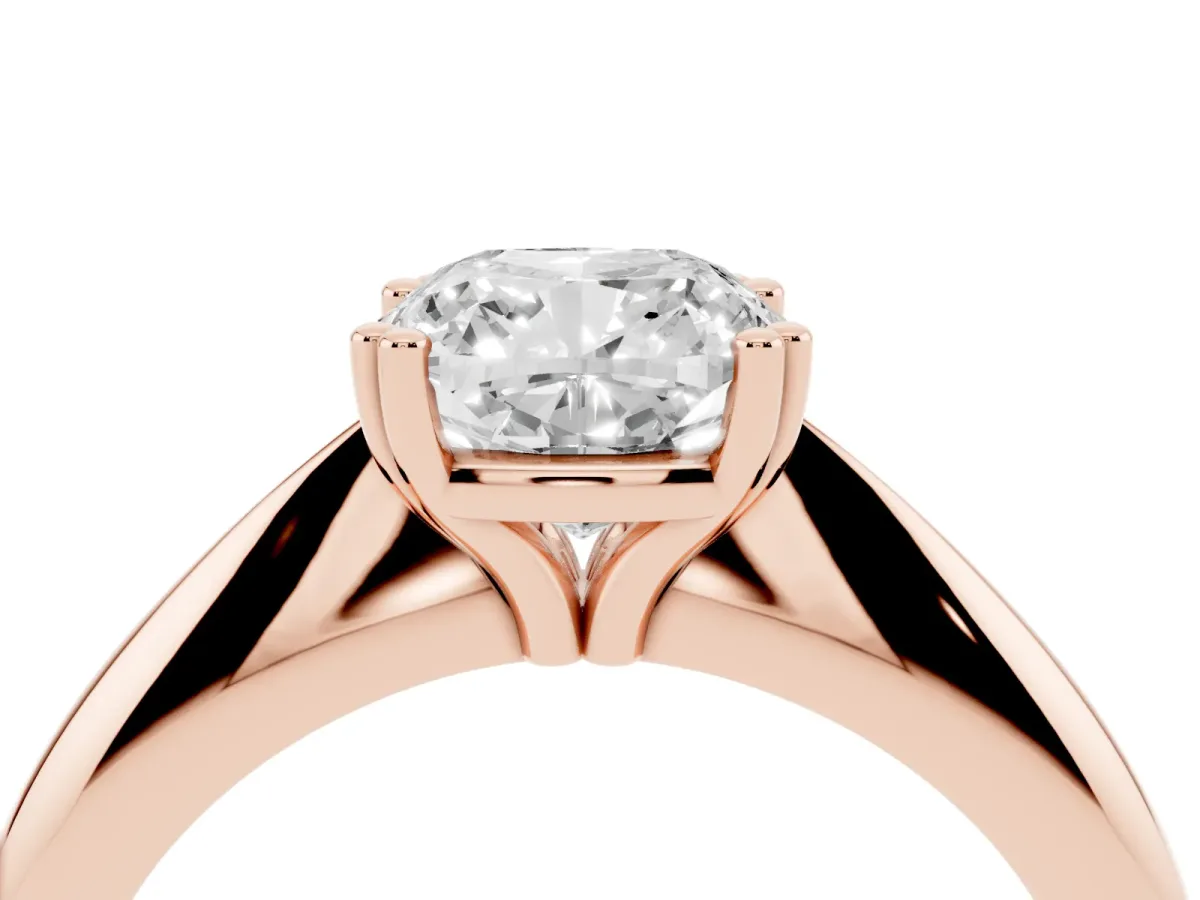 Cushion Cut Cut Solitaire Engagement Ring with Tapered Band and Four-Prong Setting Rose gold