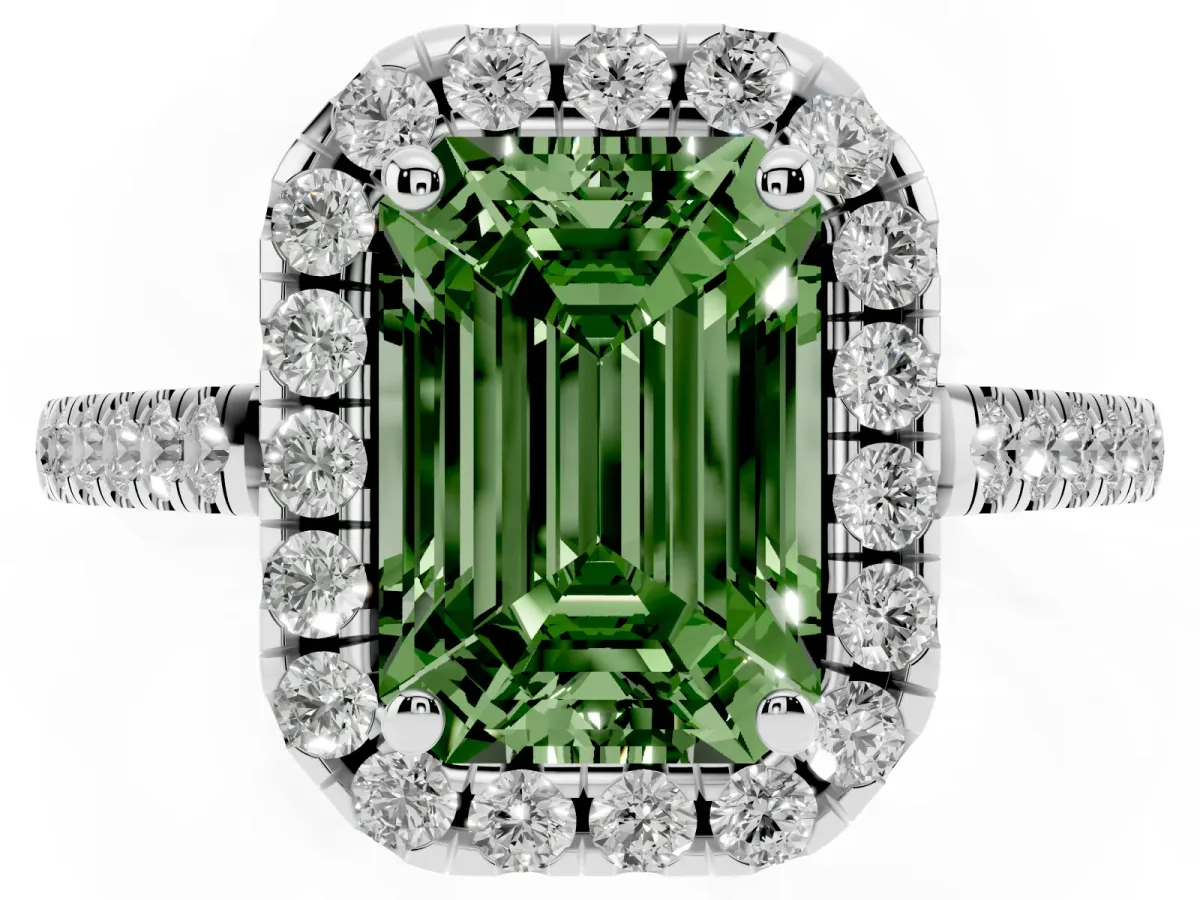 Fancy Green Emerald Cut Halo Pavé Diamond Engagement Ring with Four-Prong Setting Silver
