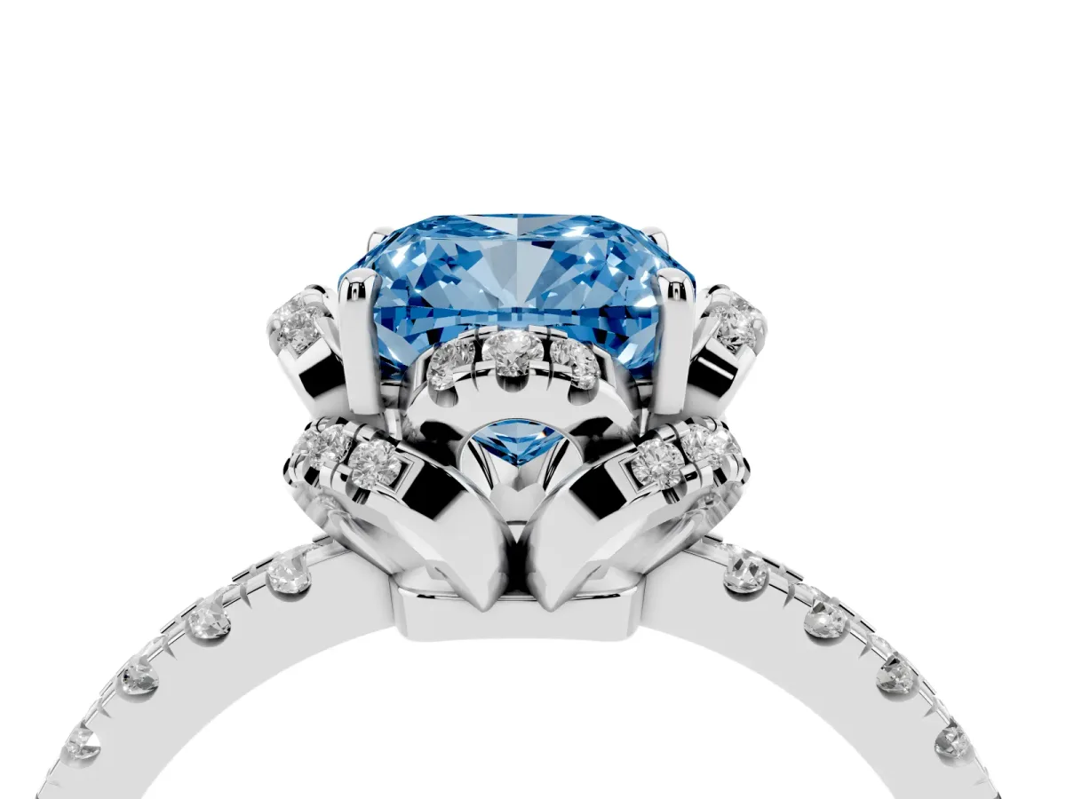 Fancy Blue Cushion Cut Halo Diamond Pave Band Ring with Four-Prong Setting Silver