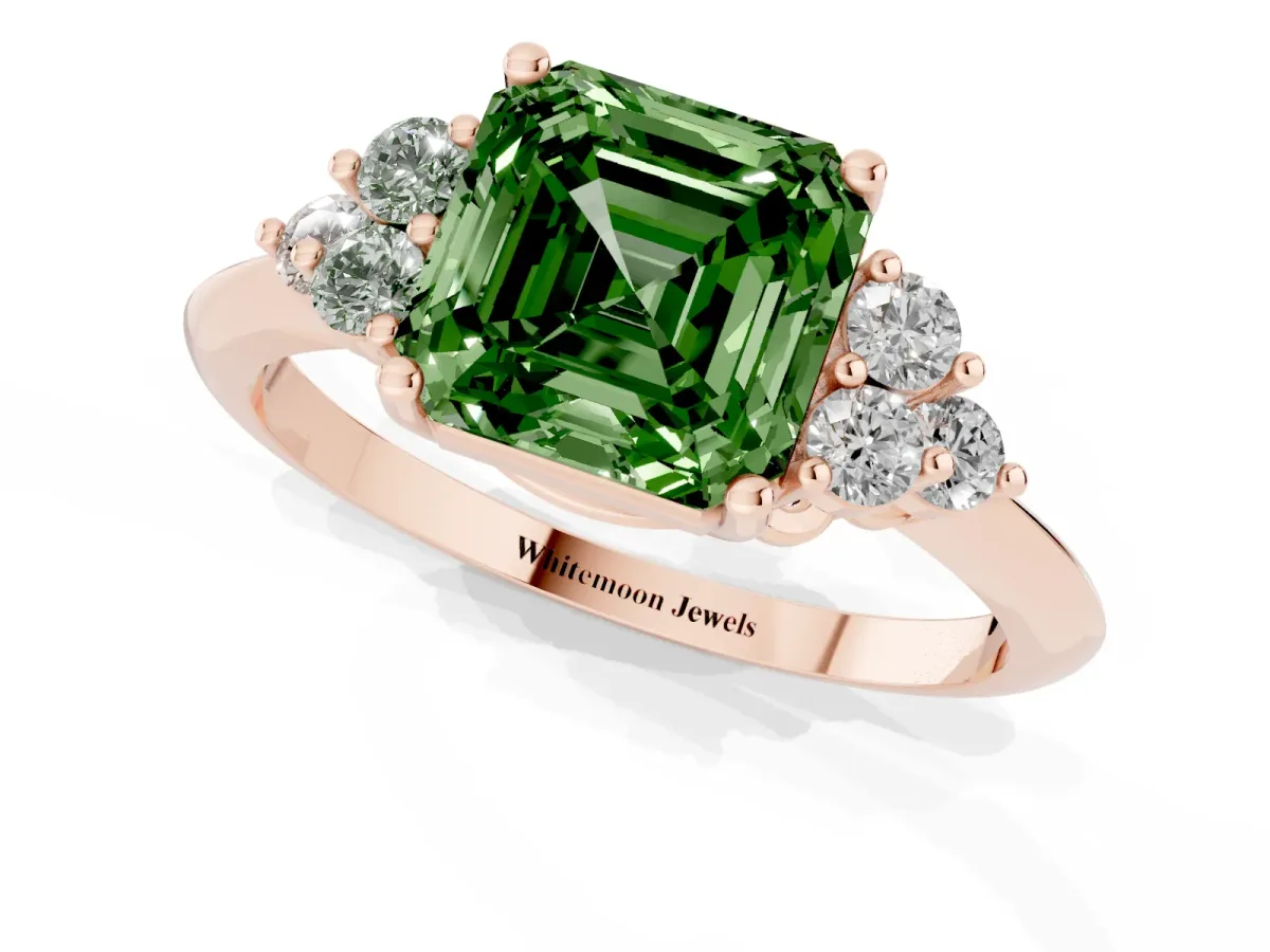 Fancy Green Asscher Cut Cut Diamond Cluster Ring with Solitaire Band and Four-Prong Setting Rose gold