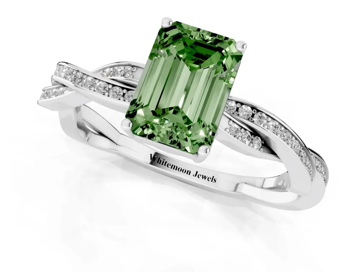 Fancy Green Emerald Cut Solitaire Twisted Pave Diamond Ring with Four-Prong Setting Platinum