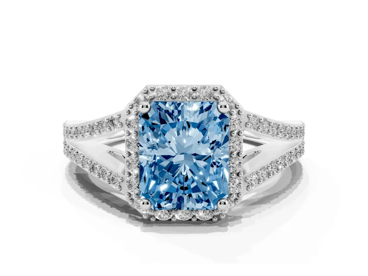 Fancy Blue Radiant Cut Halo Split Shank Pave Diamond Ring with Four-Prong Setting Silver