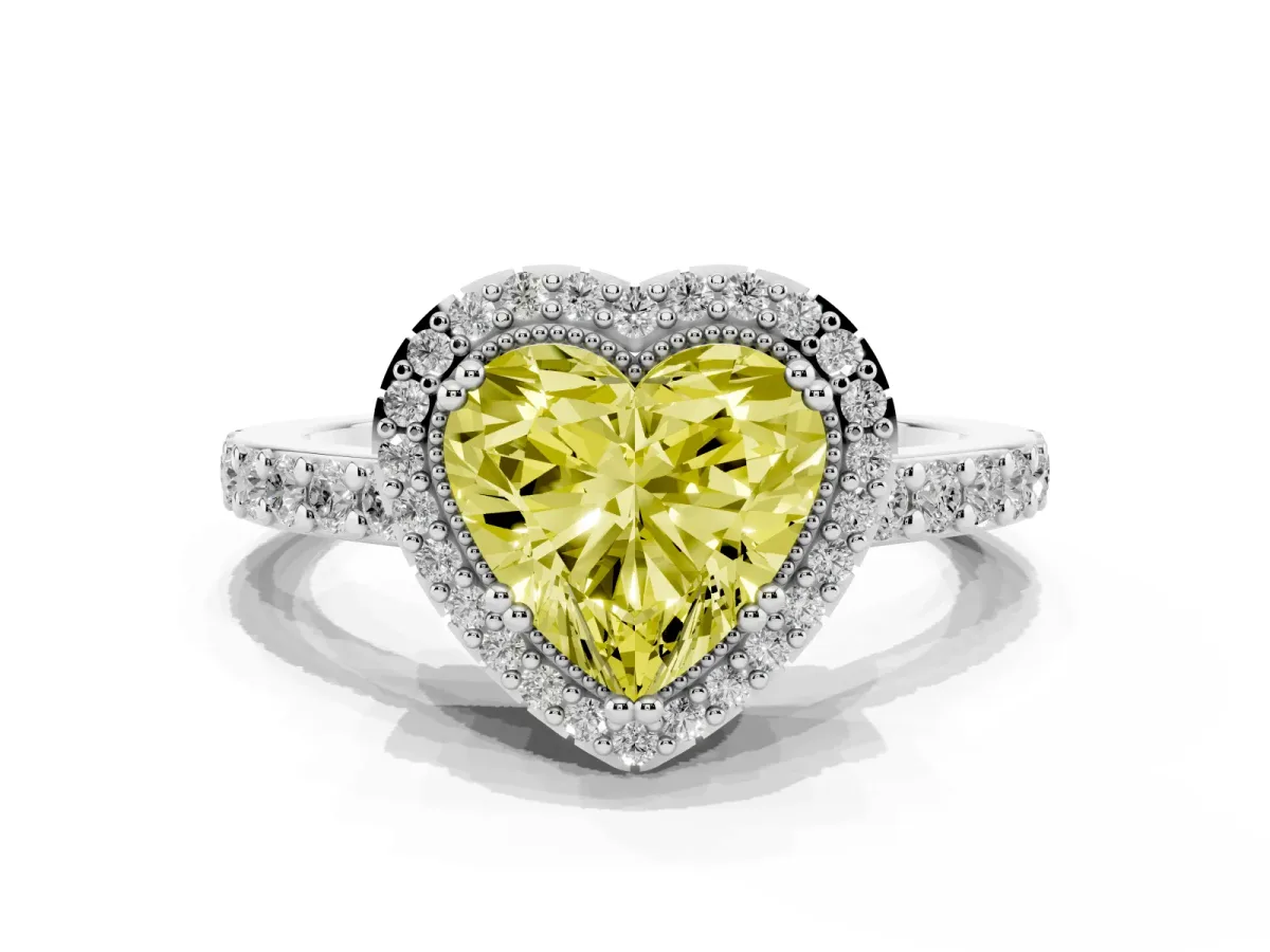 Fancy Yellow Heart Cut Cut Diamond Halo Engagement Ring with Milgrain Detail and Pavé Band Silver