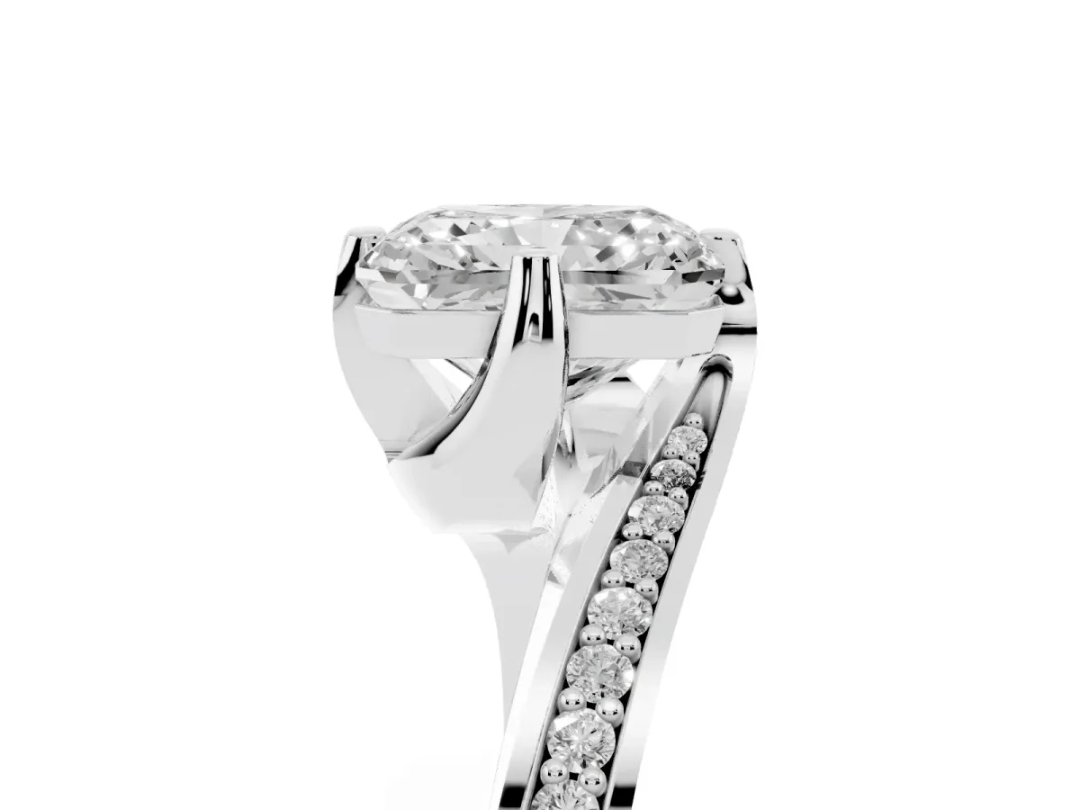 Radiant Cut Solitaire Diamond Twist Band with Pavé Setting and Four-Prong Setting Silver