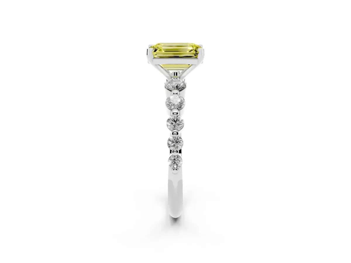 Fancy Yellow Emerald Cut Solitaire Diamond Ring with Pave Band and Four-Prong Setting Silver