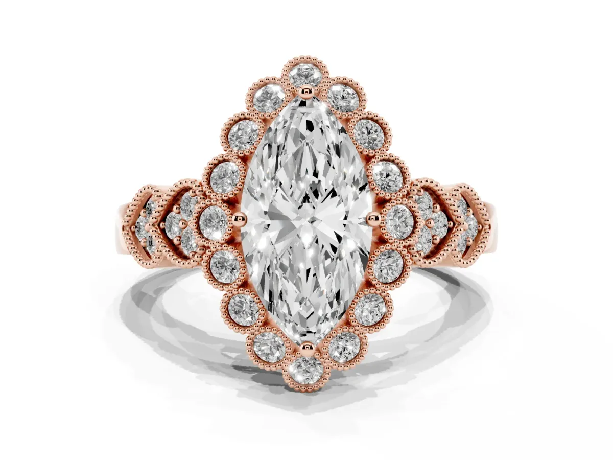 Marquise Cut Brilliant Milgrain Pave Heart Band Solitaire Ring Rose gold