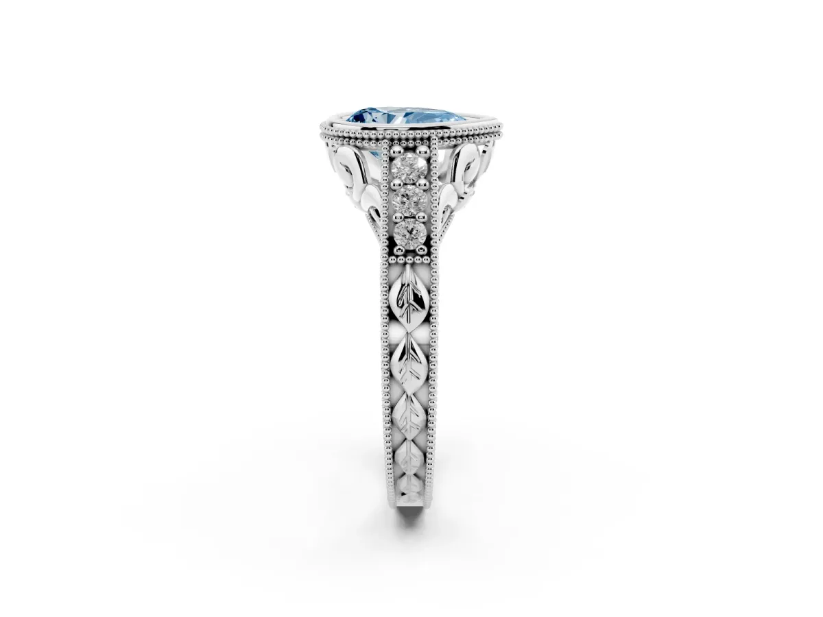 Fancy Blue Bezel Set Pear Cut Diamond Milgrain Pave Engagement Ring White gold