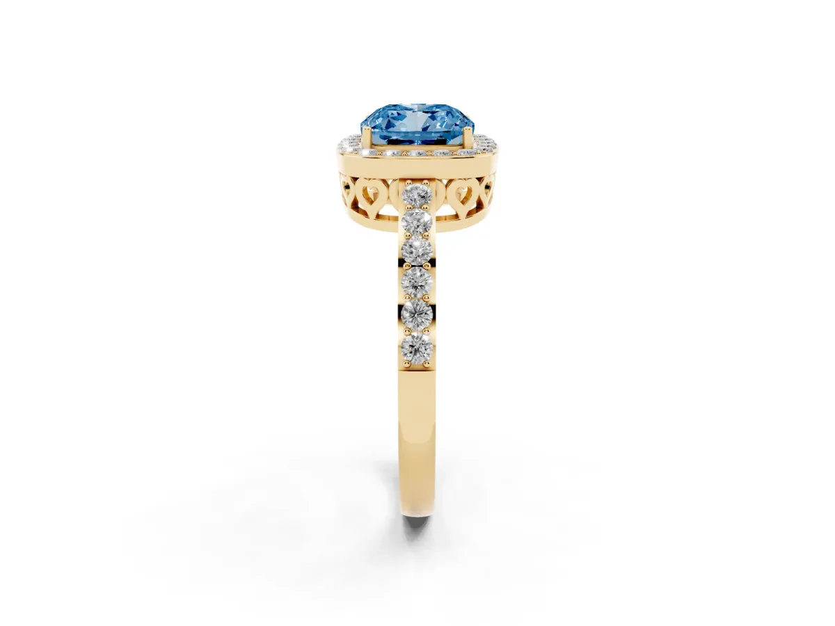 Fancy Blue Cushion Cut Halo Diamond Pavé Band Ring with Prong Setting Yellow gold