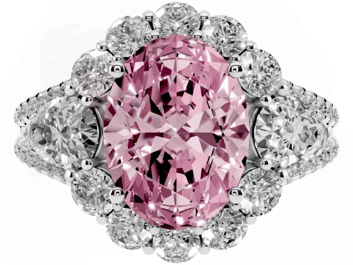 Fancy Pink Oval Cut Halo Split Shank Diamond Engagement Ring with Prong Setting Platinum