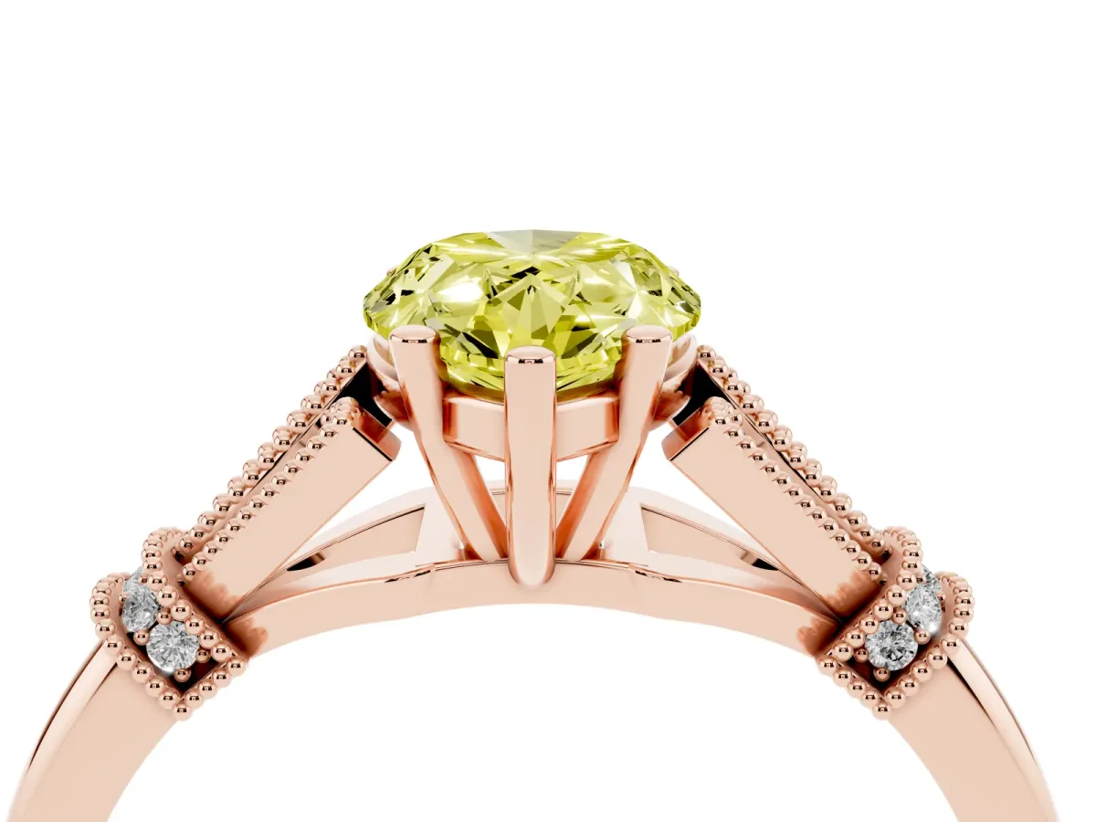 Fancy Yellow Pear Cut Diamond Solitaire Ring with Floral Filigree and Pave Accents Rose gold