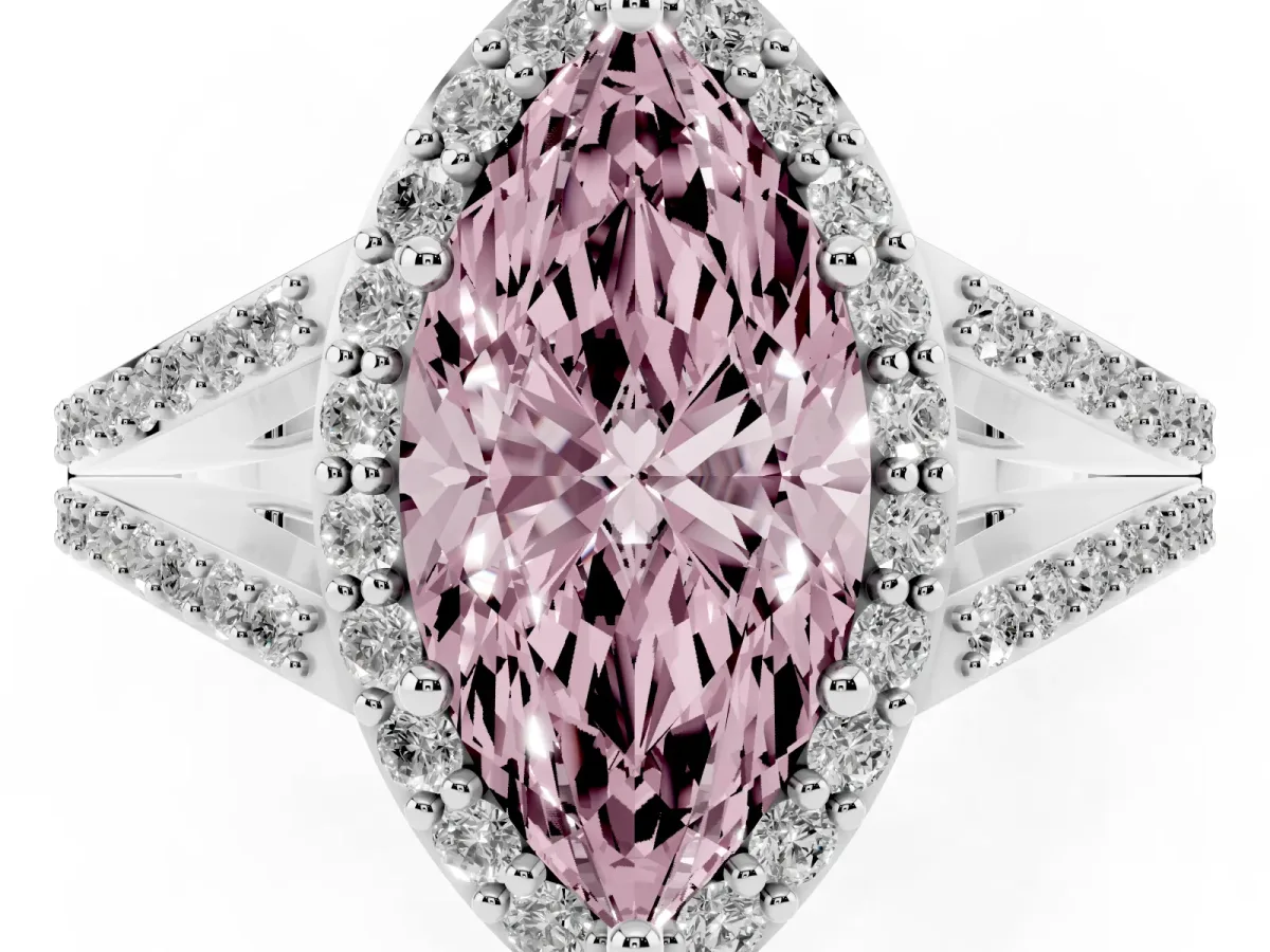 Fancy Pink Marquise Cut Halo Split Shank Pave Diamond Ring with Four-Prong Setting Platinum