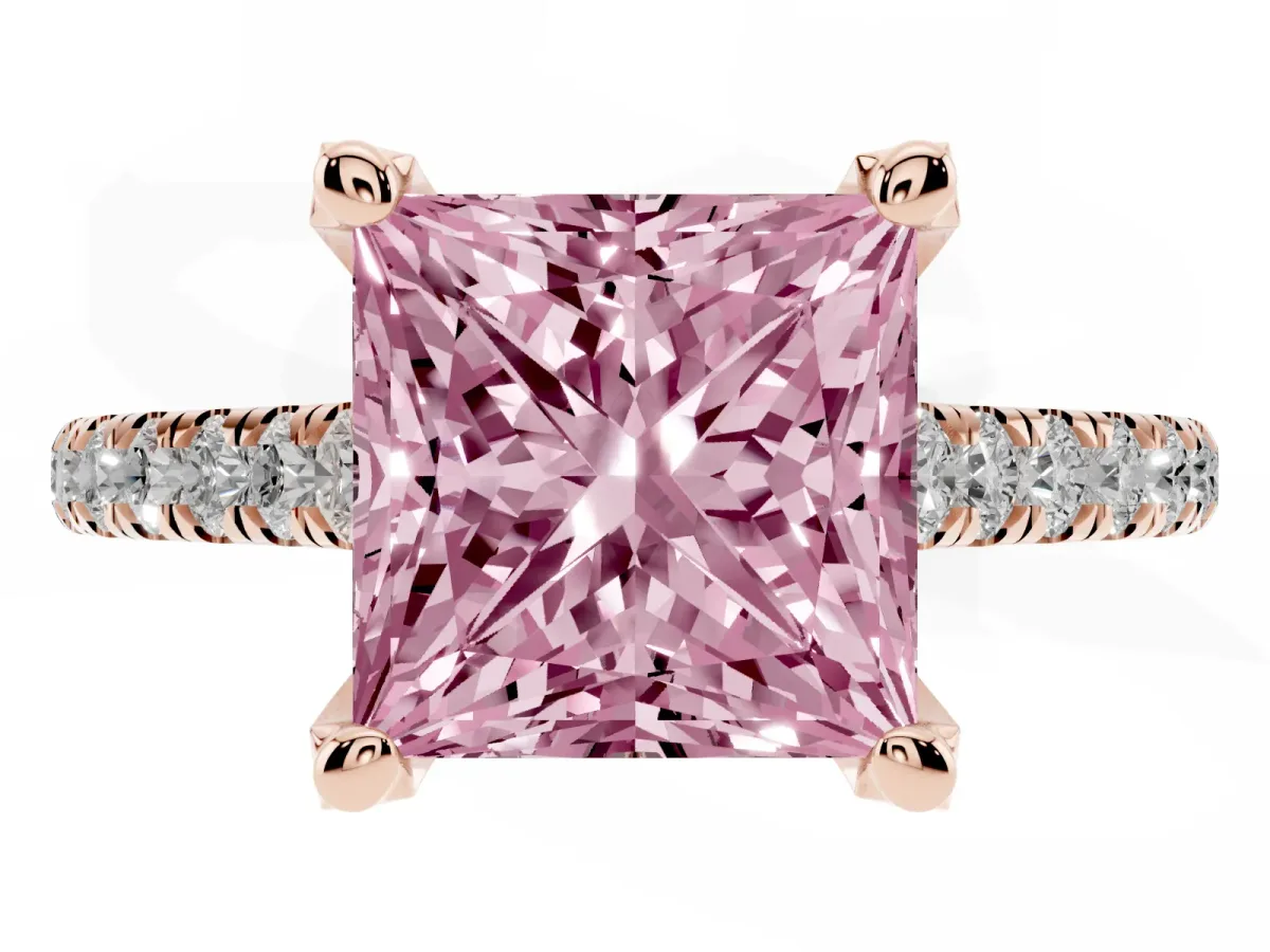 Fancy Pink Princess Cut Brilliant Diamond Solitaire with Pavé Band and Four-Prong Setting Rose gold