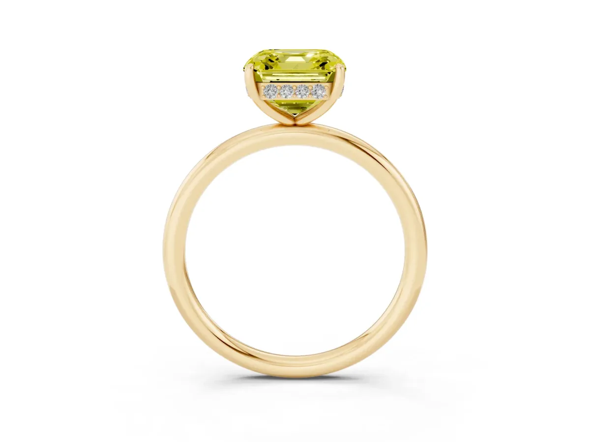 Fancy Yellow Asscher Cut Solitaire Diamond Ring with a Classic Band and Four-Prong Setting Yellow gold