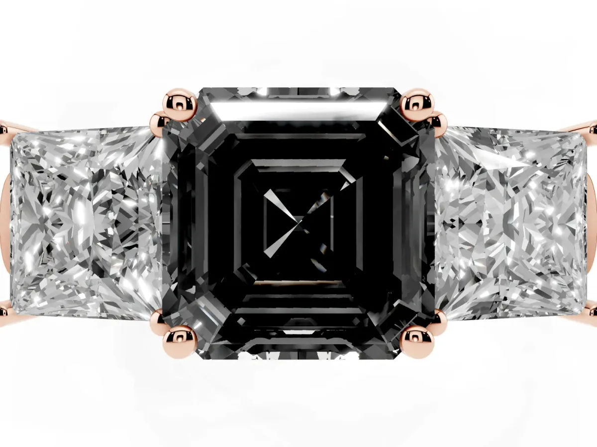 Fancy Black Three-Stone Asscher Cut Brilliant Diamond Trellis Ring with Comfort Fit Band Rose gold