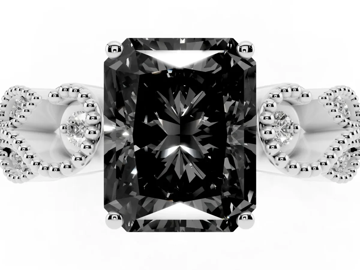 Fancy Black Princess Cut Solitaire Milgrain Leaf Band with Prong Setting Platinum